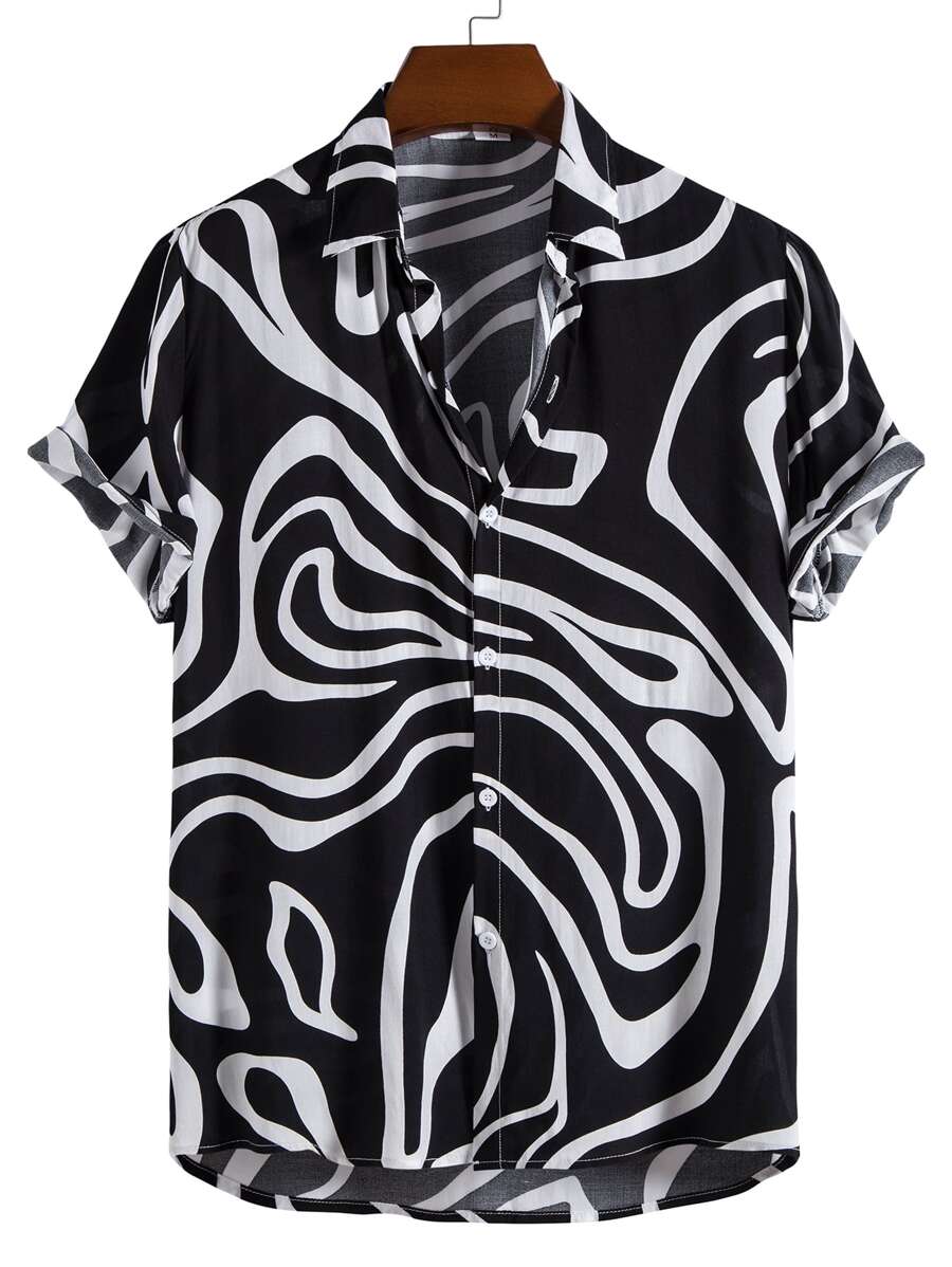 Manfinity Hombres Camisa con estampado al azar con estampado bajo irregular - Blanco y Negro - Ver 1
