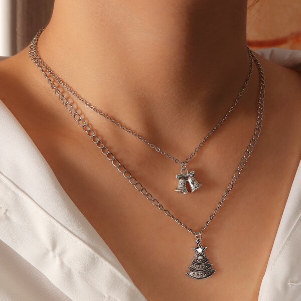 

Christmas Bells Charm Layered Necklace, Silver