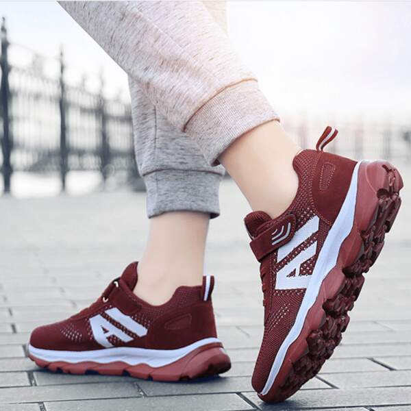 

Letter Graphic Velcro Strap Mesh Panel Sneakers, Burgundy