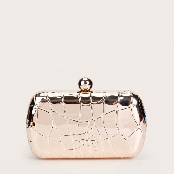 

Crocodile Embossed Chain Box Bag, Gold
