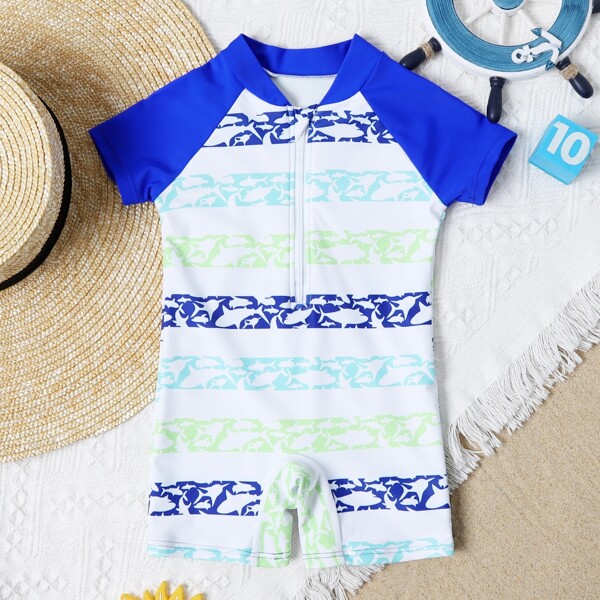 

Baby Boy Shark Print One Piece Swimsuit, Multicolor
