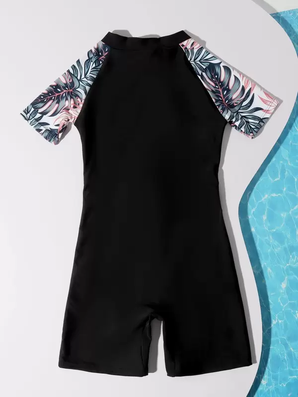 Girls Tropical Print Zip Front One Piece Swimsuit Shein Uk