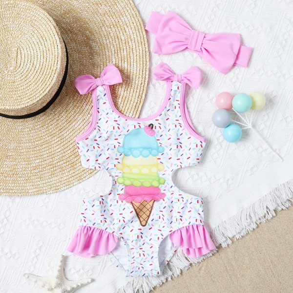 

Baby Girl Ice Cream Print One Piece Swimsuit With Hairband, Multicolor