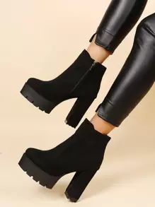 Women's Black Simple Suede Thick Sole Boots With Side Zipper,Wear With Jeans