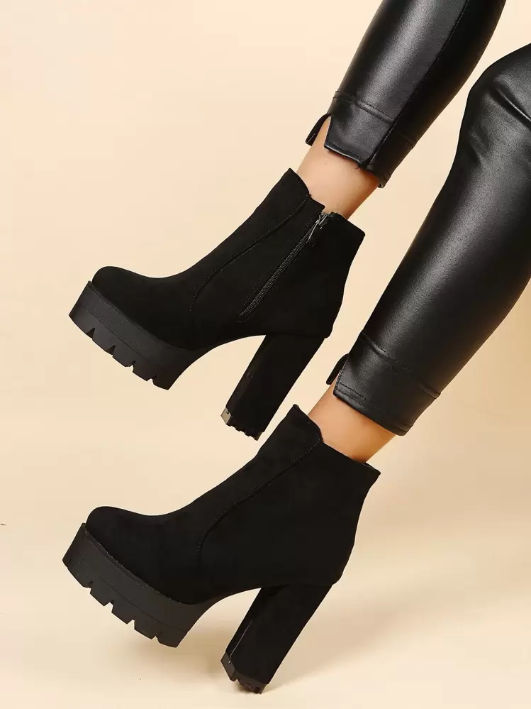 Fall/Winter 2025 Women's Black Simple Suede Thick Sole Boots With Side Zipper,Wear With Jeans,Platform Heels For Women - Black - View 2