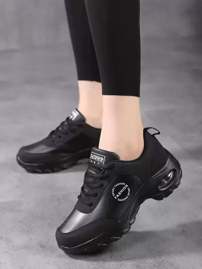 秋冬字母图案系带运动鞋，女式黑色运动字母印花休闲运动鞋