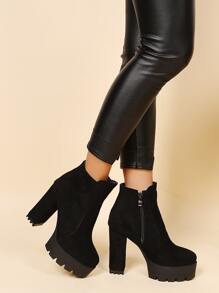 Women's Black Simple Suede Thick Sole Boots With Side Zipper,Wear With Jeans