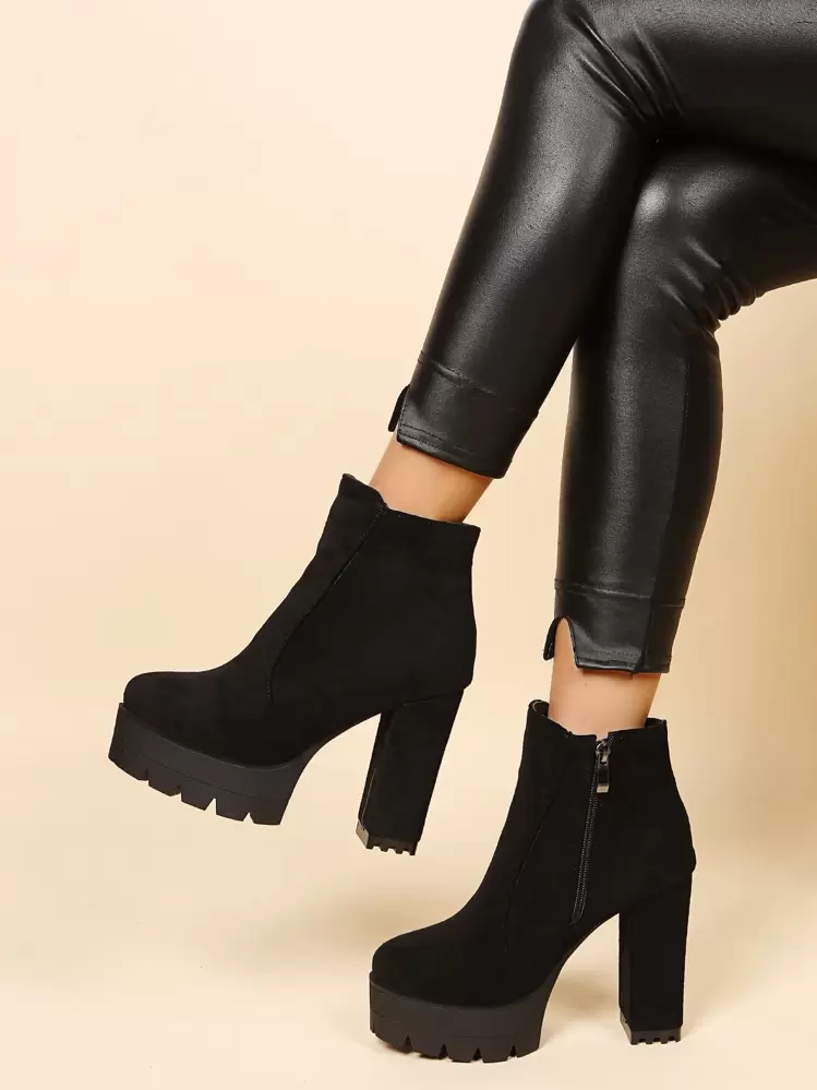 Fall/Winter 2025 Women's Black Simple Suede Thick Sole Boots With Side Zipper,Wear With Jeans,Platform Heels For Women - Black - View 5