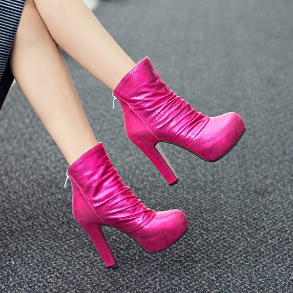 

Ruched Decor Back Zipper Platform Heeled Boots, Hot pink