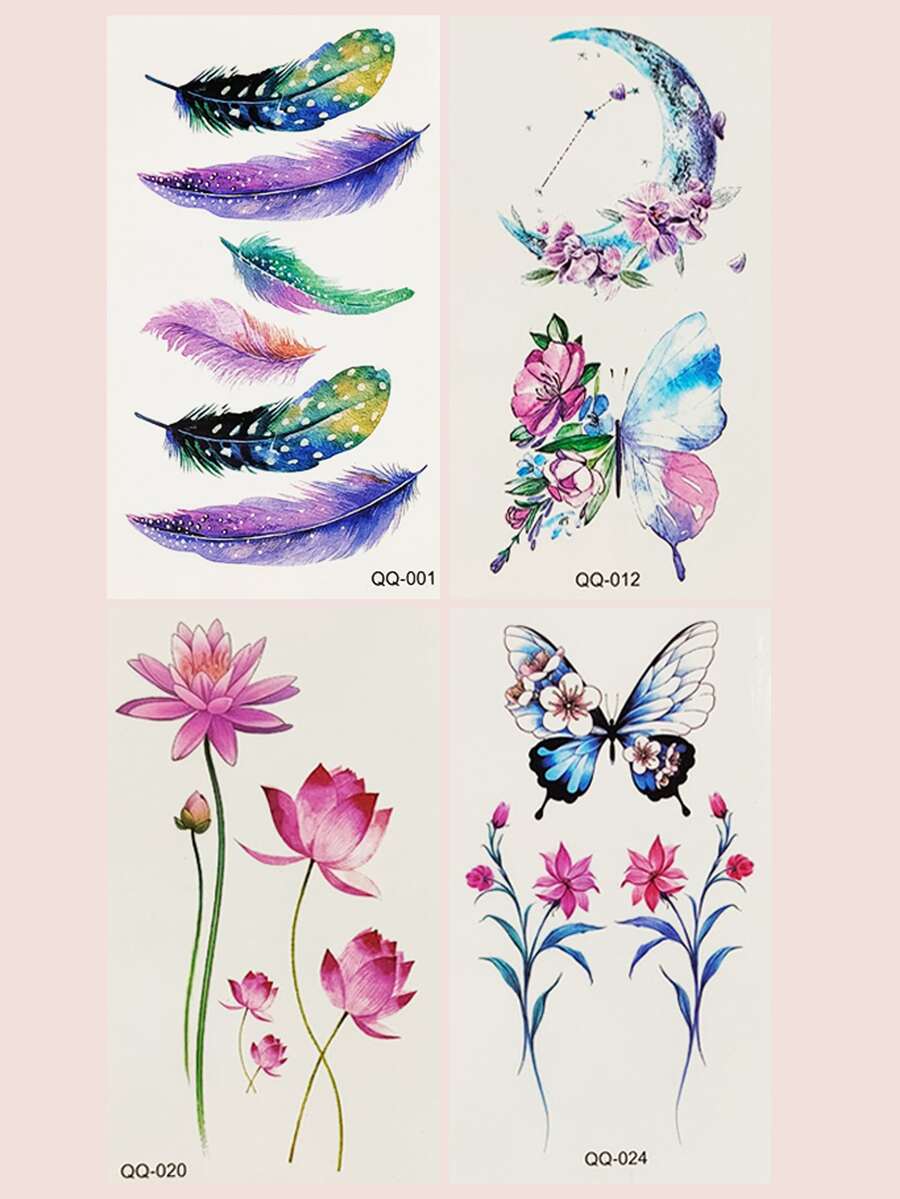 4張花和蝴蝶印花紋身貼紙 - 彩色 - 查看 1