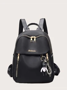 Zip Front Backpack With Bag Charm - Black - View 1