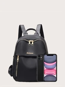 Zip Front Backpack With Bag Charm - Black - View 3