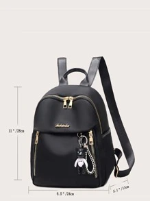 Zip Front Backpack With Bag Charm - Black - View 4