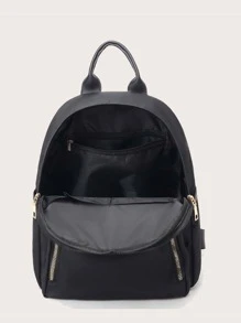 Zip Front Backpack With Bag Charm - Black - View 6