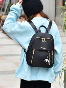 Zip Front Backpack With Bag Charm - Black - View 8