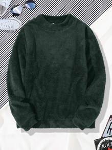 Manfinity Hombres Sudadera unicolor de cuello redondo teddy - Verde Oscuro - Ver 1