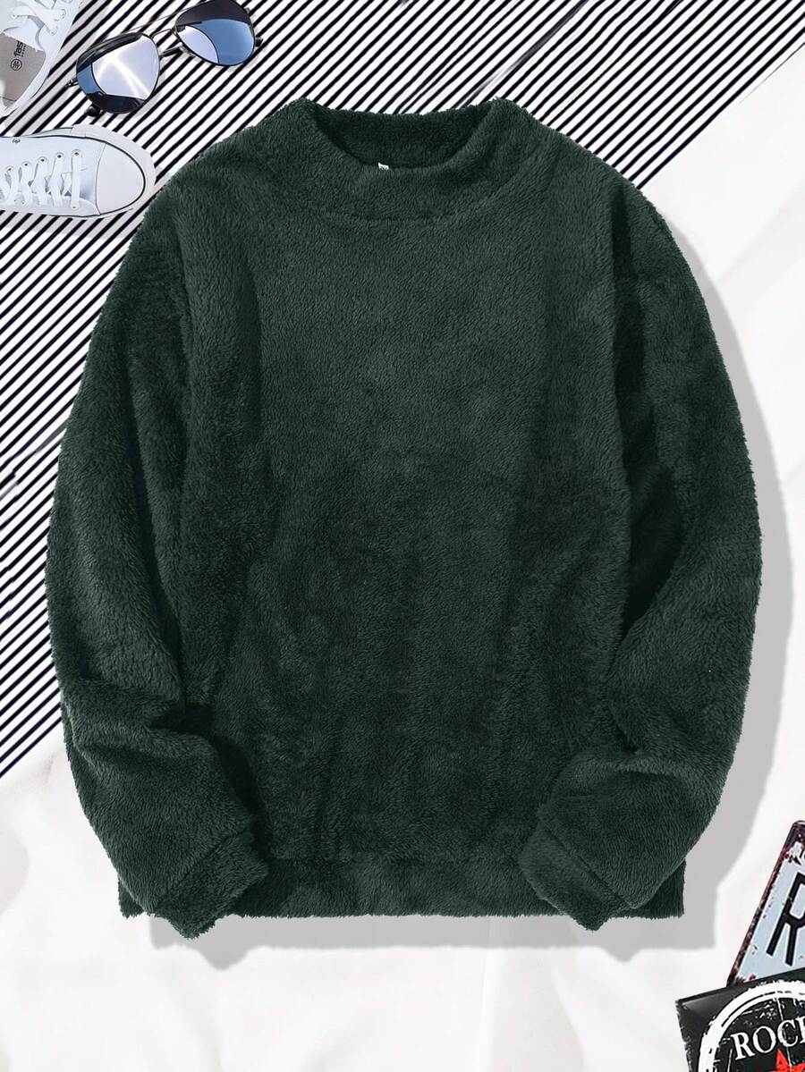 Manfinity Hombres Sudadera unicolor de cuello redondo teddy - Verde Oscuro - Ver 1