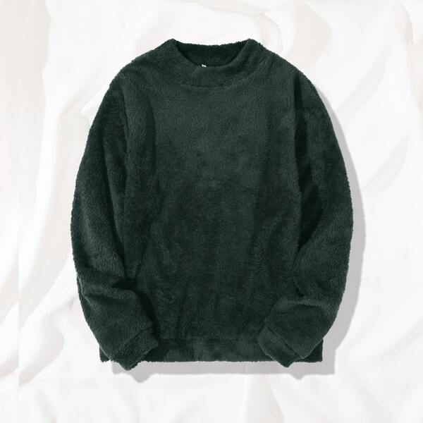 

Men Solid Crew Neck Teddy Sweatshirt, Dark green