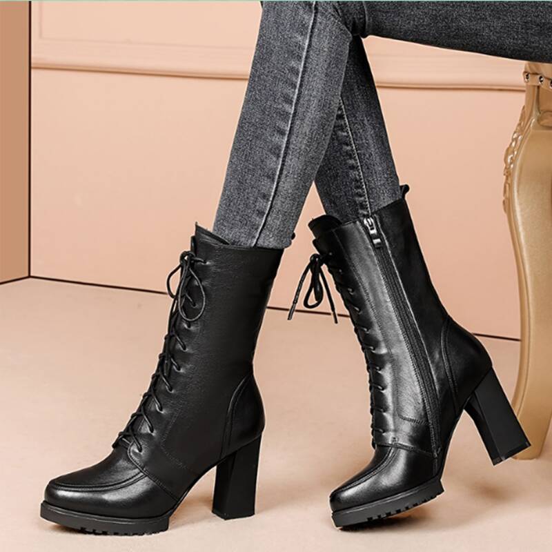 

Lace-up Front Side Zip Boots, Black