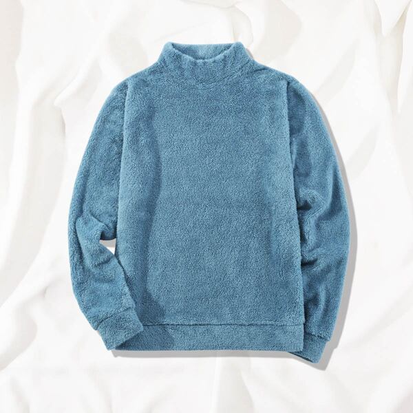 

Men Solid Crew Neck Teddy Sweatshirt, Dusty blue