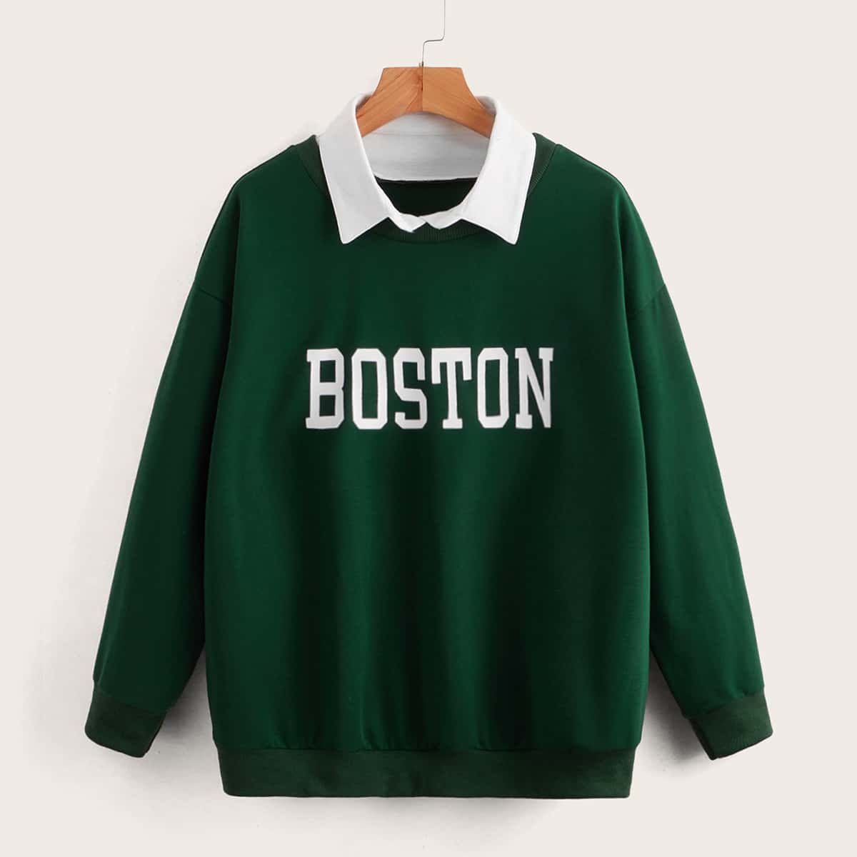 

Letter Contrast Collar Drop Shoulder Sweatshirt, Green