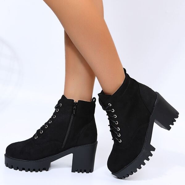 

Minimalist Side Zipper Chunky Heeled Combat Boots, Black