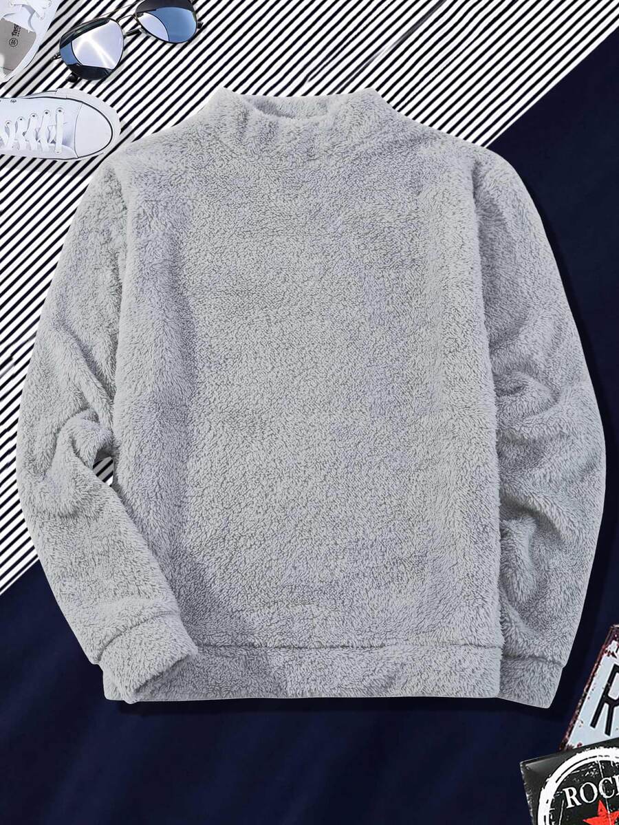 Manfinity Hombres Sudadera unicolor de cuello redondo teddy - Gris - Ver 1