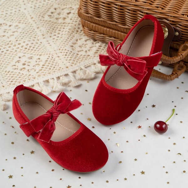 

Girls Bow Decor Flat Mary Janes, Red