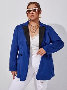 SHEIN Unity Plus Silk Colour Block Double Pocket Shoulder Pads Blazer - Royal Blue - View 1