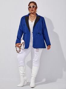 SHEIN Unity Plus Silk Colour Block Double Pocket Shoulder Pads Blazer - Royal Blue - View 5