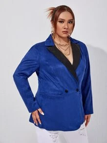 SHEIN Unity Plus Silk Colour Block Double Pocket Shoulder Pads Blazer - Royal Blue - View 4