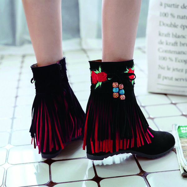 

Floral Graphic Fringe Decor Wedge Boots, Black