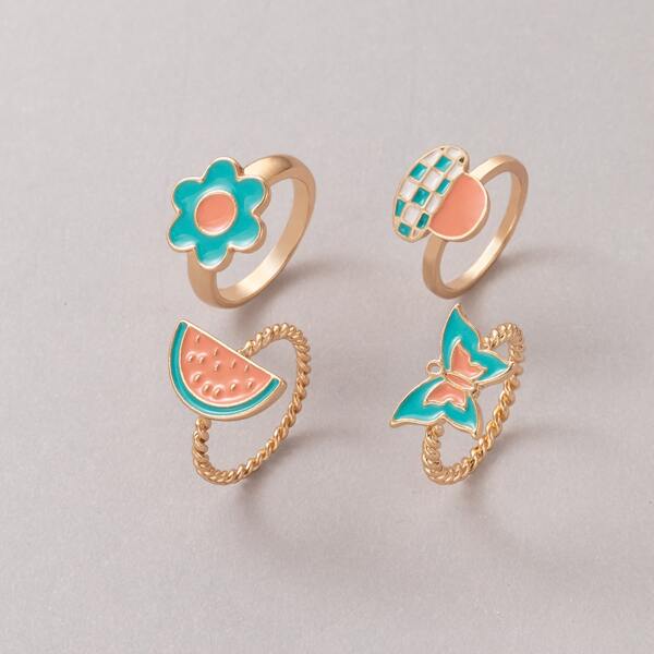 

4pcs Flower Detail Ring, Multicolor
