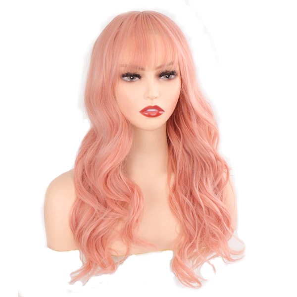 

Long Curly Synthetic Wig With Bangs, Pink