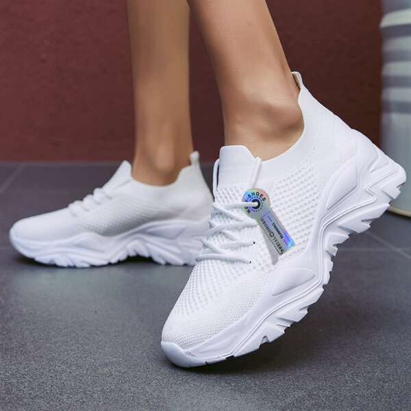

Letter Tab Decor Knit Running Shoes, White