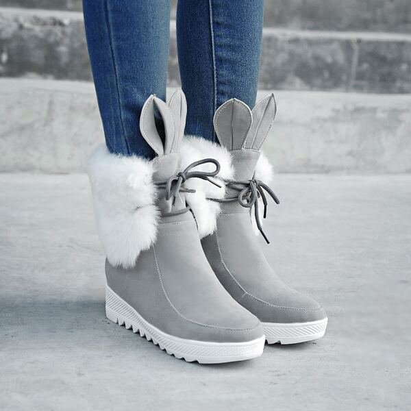 

Rabbit Ear Decor Lace-up Front Fluffy Boots, Grey
