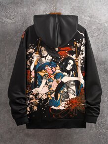 Manfinity Roghcode 男士人像和花卉圖案袋鼠口袋落肩袖抽繩連帽衫 - 彩色 - 查看 1