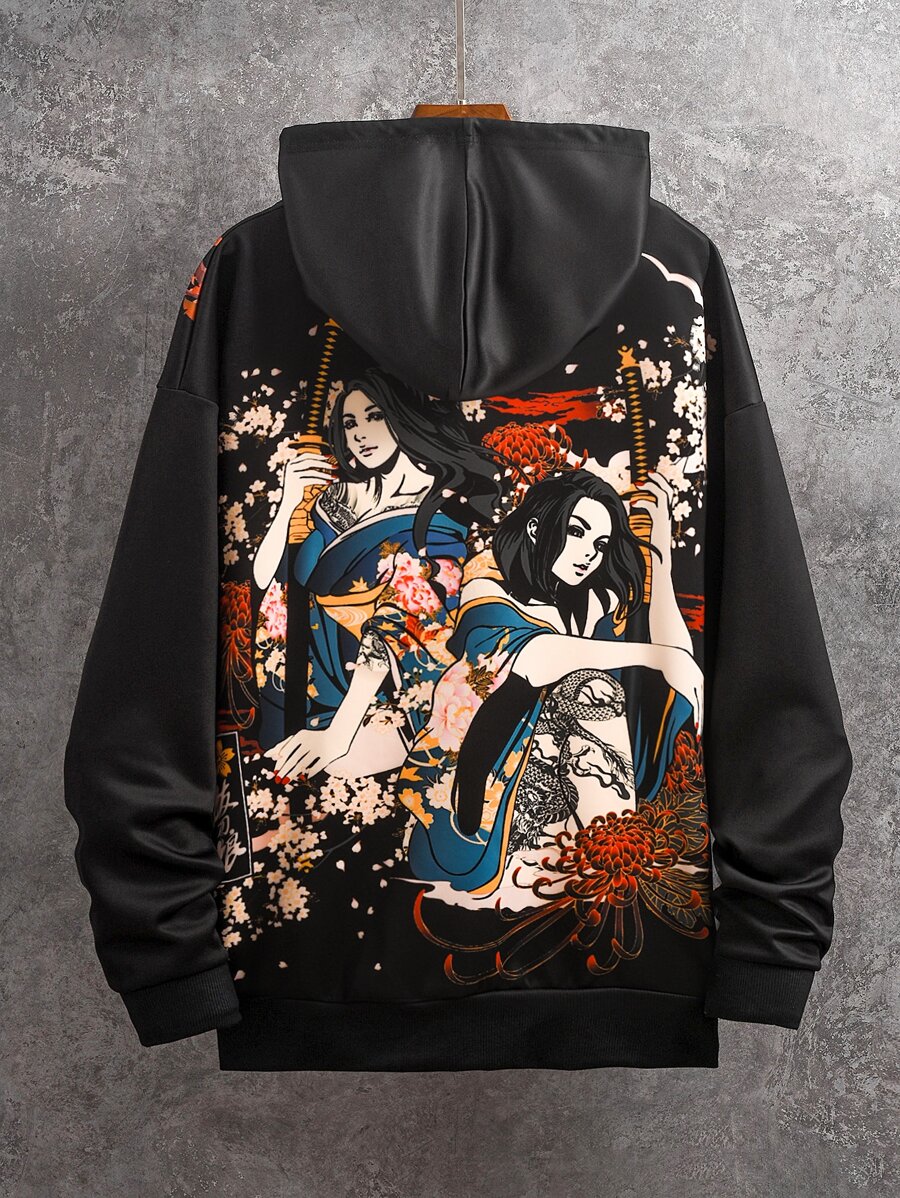 Manfinity Roghcode 男士人像和花卉圖案袋鼠口袋落肩袖抽繩連帽衫 - 彩色 - 查看 1