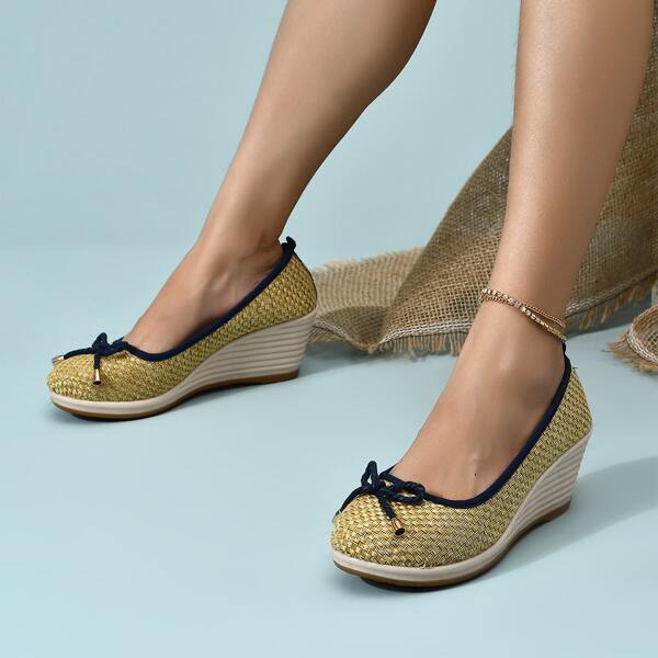 

Bow Decor Crochet Detail Wedge Courts, Yellow