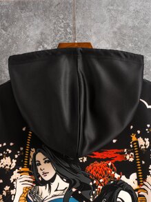 Manfinity Roghcode 男士人像和花卉圖案袋鼠口袋落肩袖抽繩連帽衫 - 彩色 - 查看 6