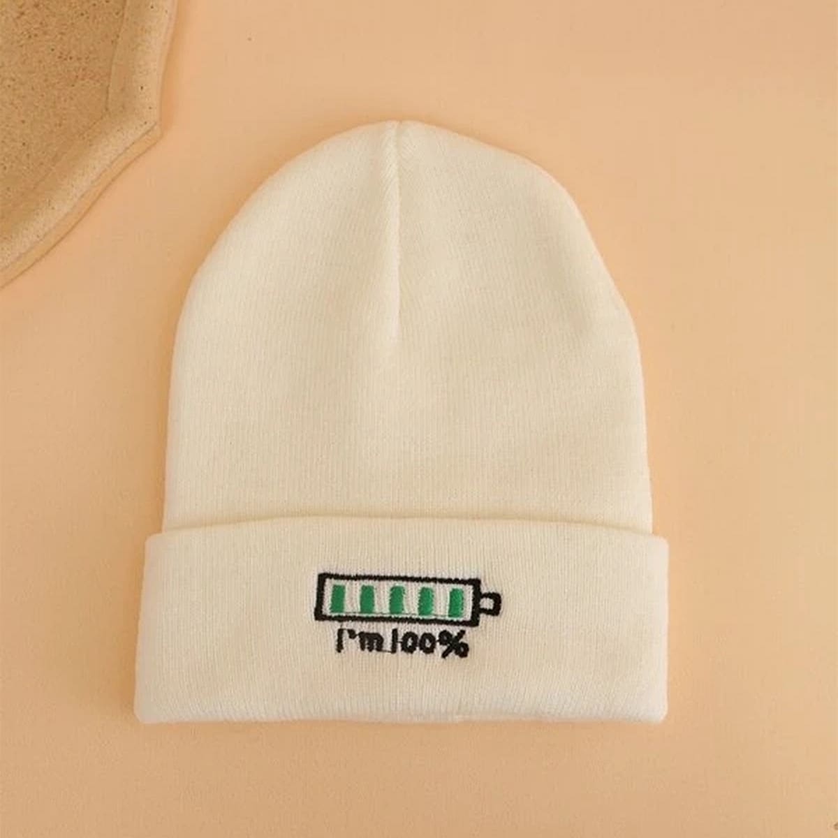 

Graphic Embroidery Knit Beanie, White