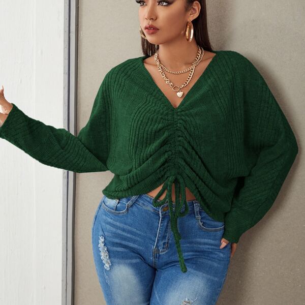 

Plus Dolman Sleeve Drawstring Ruched Front Tee, Dark green