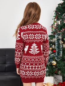 SHEIN Girls 1pc Christmas Pattern Jumper Dress - Red and White - View 2