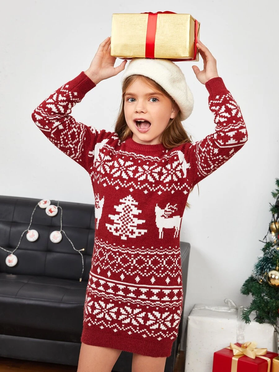 SHEIN Girls 1pc Christmas Pattern Jumper Dress - Red and White - View 1