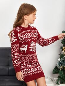 SHEIN Girls 1pc Christmas Pattern Jumper Dress - Red and White - View 4