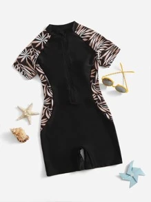 Tween Girl Leaf Print Zipper Front One Piece Swimsuit - Black - View 1