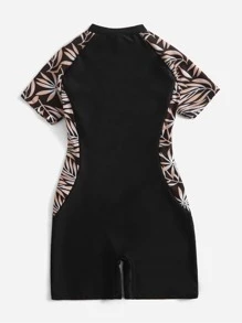 Tween Girl Leaf Print Zipper Front One Piece Swimsuit - Black - View 2