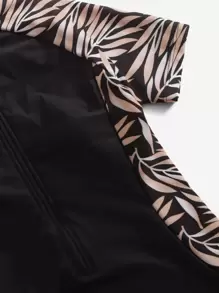 Tween Girl Leaf Print Zipper Front One Piece Swimsuit - Black - View 3