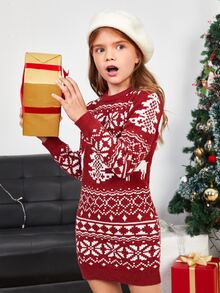 SHEIN Girls 1pc Christmas Pattern Jumper Dress - Red and White - View 6