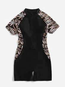 Tween Girl Leaf Print Zipper Front One Piece Swimsuit - Black - View 5